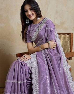 Purple embroidered silk blend designer saree 1