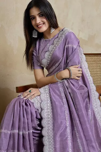 Purple embroidered silk blend designer saree