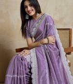 Purple embroidered silk blend designer saree
