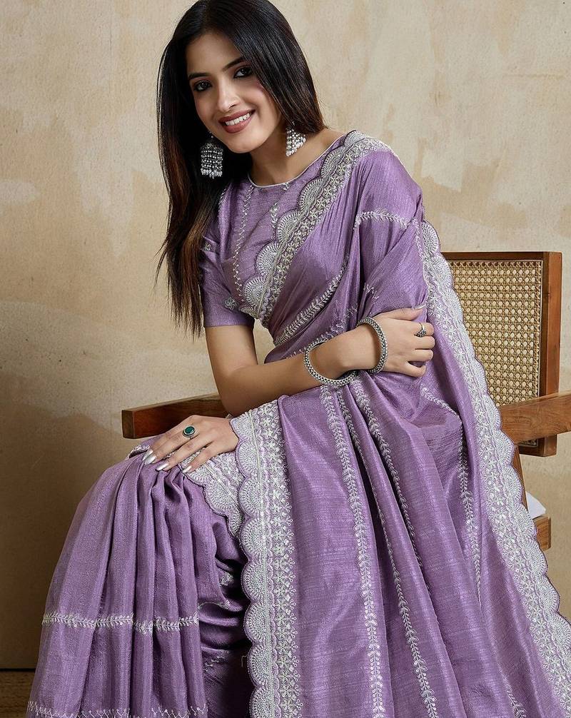 Purple embroidered silk blend designer saree