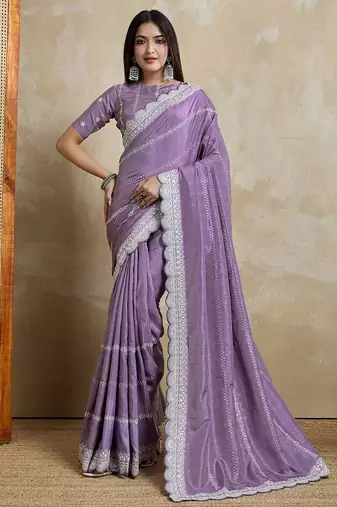 Purple embroidered silk blend designer saree