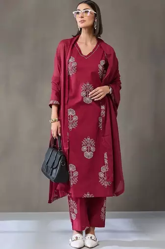 everyday workwear women ethnic motifs embroidered regular thread work cotton kurta with trousers & with dupatta