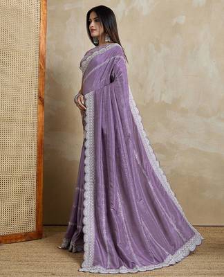 Purple embroidered silk blend designer saree 3