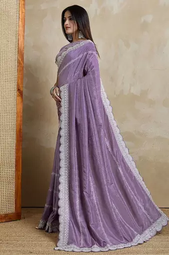 Purple embroidered silk blend designer saree