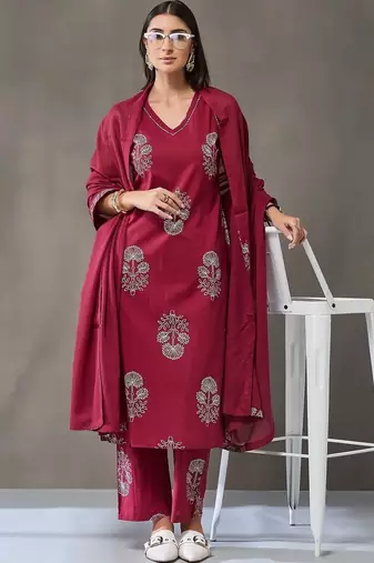 everyday workwear women ethnic motifs embroidered regular thread work cotton kurta with trousers & with dupatta