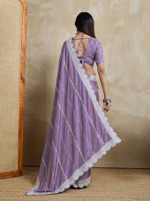 Purple embroidered silk blend designer saree 4