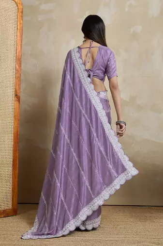 Purple embroidered silk blend designer saree