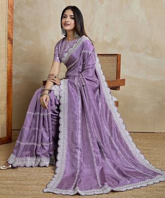 Purple embroidered silk blend designer saree 5