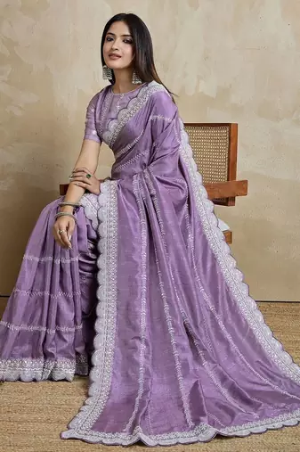 Purple embroidered silk blend designer saree