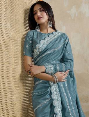 teal ethnic motifs embroidered silk blend saree 1