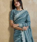 teal ethnic motifs embroidered silk blend saree