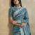 teal ethnic motifs embroidered silk blend saree