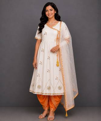 White orange printed cotton silk kurta dhoti set 1