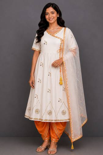 White orange printed cotton silk kurta dhoti set