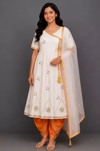 White orange printed cotton silk kurta dhoti set
