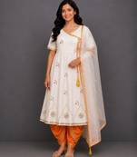 White orange printed cotton silk kurta dhoti set