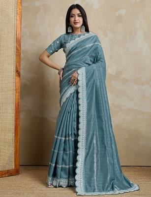 teal ethnic motifs embroidered silk blend saree 2
