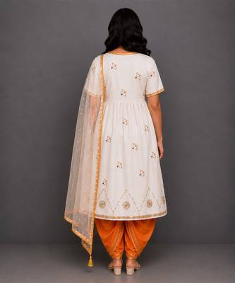 White orange printed cotton silk kurta dhoti set 2