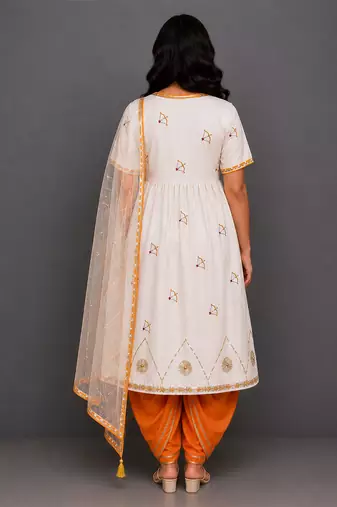 White orange printed cotton silk kurta dhoti set