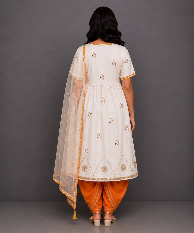 White orange printed cotton silk kurta dhoti set
