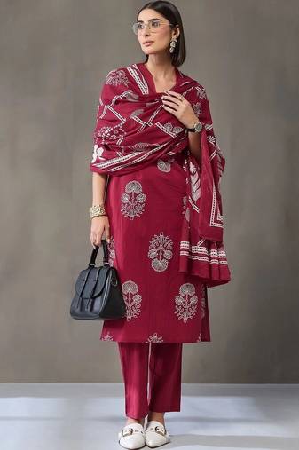 formal women ethnic motifs printed regular cotton kurta with trousers & with dupatta