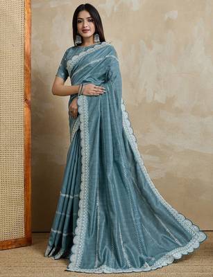 teal ethnic motifs embroidered silk blend saree 3