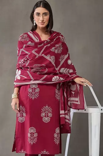 formal women ethnic motifs printed regular cotton kurta with trousers & with dupatta