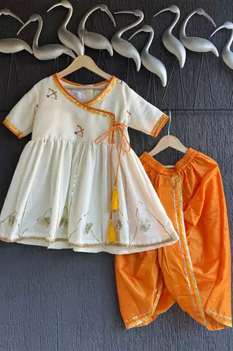 White orange printed cotton silk kurta dhoti set