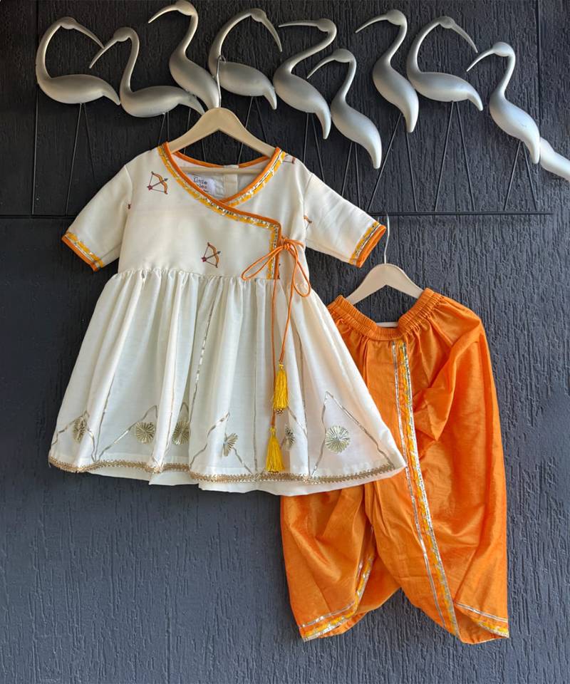 White orange printed cotton silk kurta dhoti set