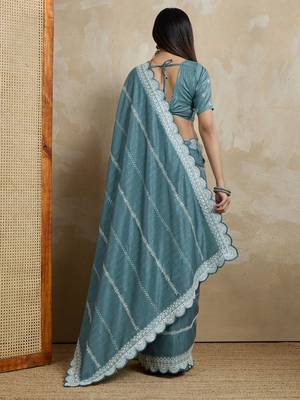 teal ethnic motifs embroidered silk blend saree 4