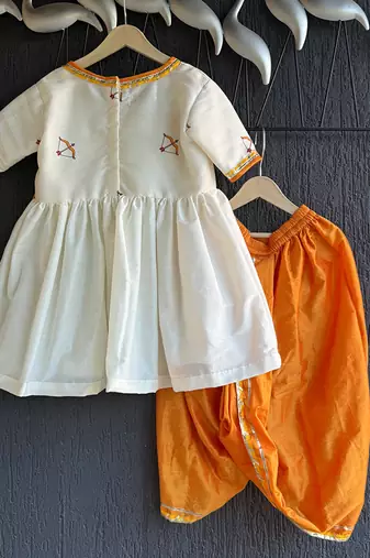 White orange printed cotton silk kurta dhoti set