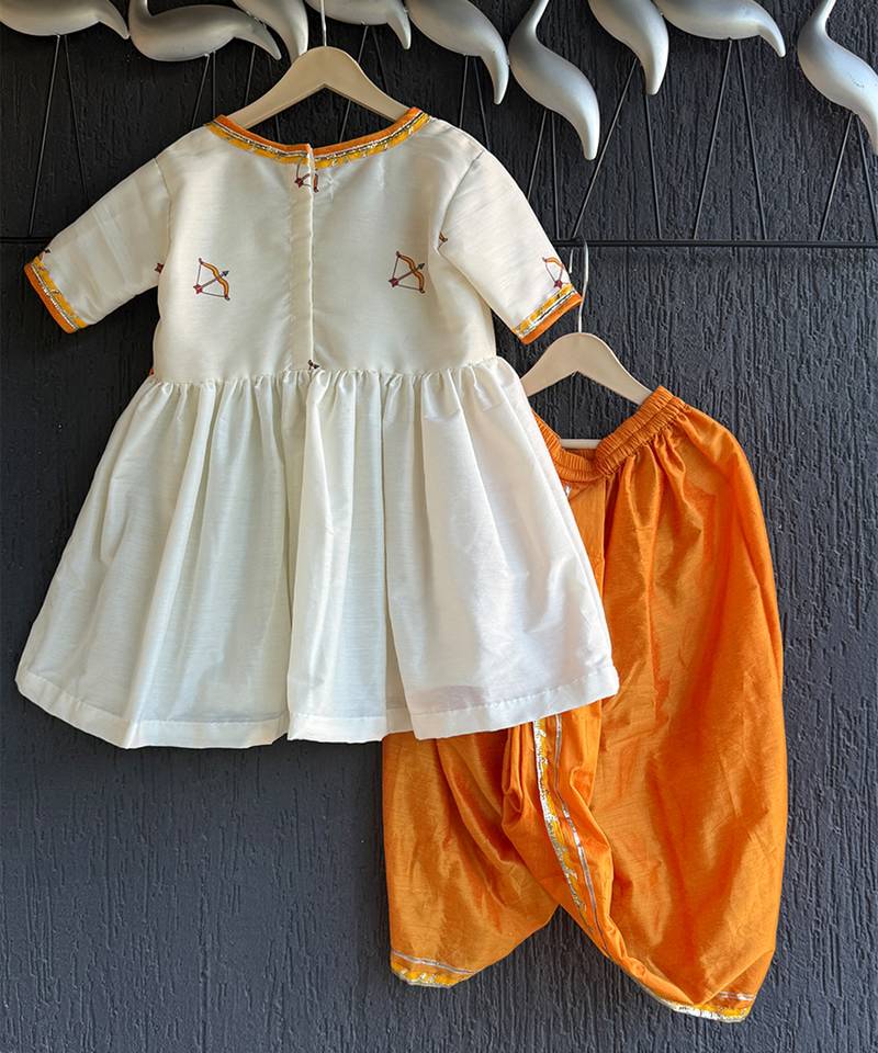 White orange printed cotton silk kurta dhoti set