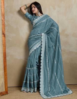 teal ethnic motifs embroidered silk blend saree 5