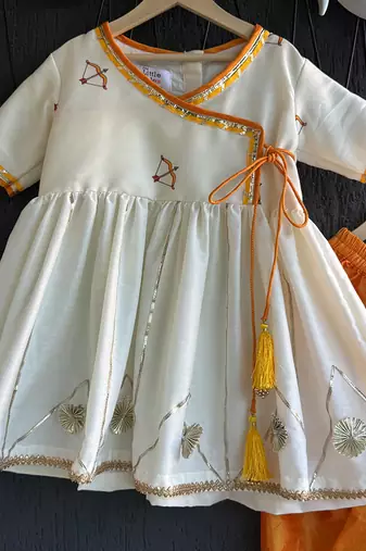 White orange printed cotton silk kurta dhoti set