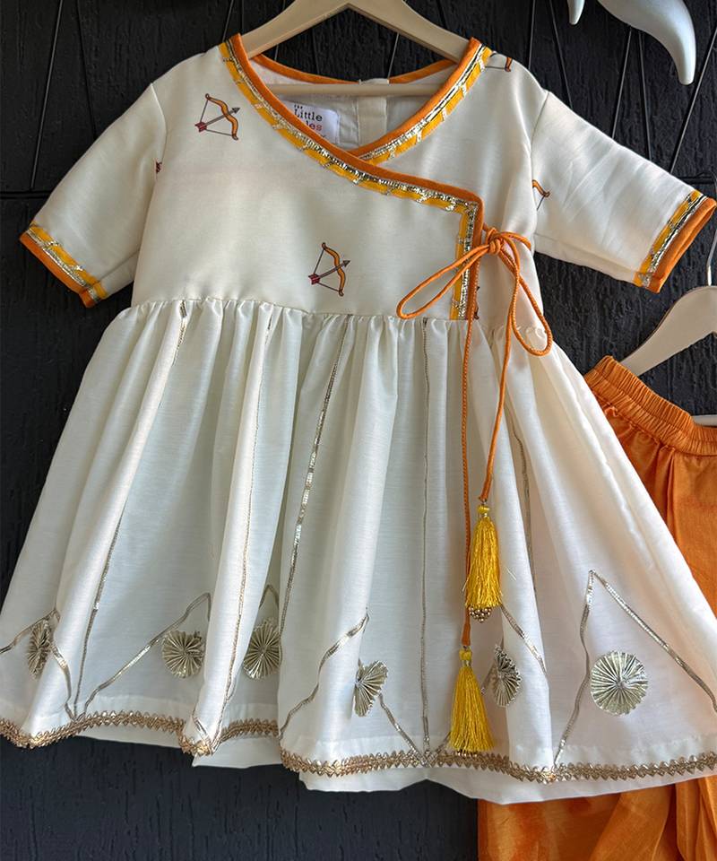 White orange printed cotton silk kurta dhoti set