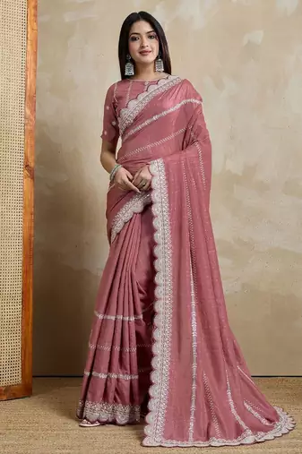 pink embroidered silk blend designer saree