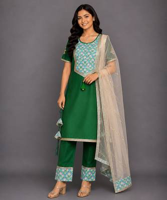 Green printed cotton silk kurta set 1