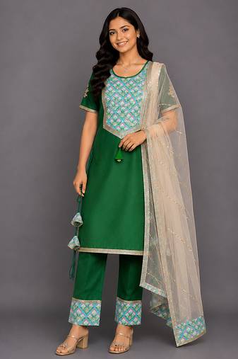 Green printed cotton silk kurta set