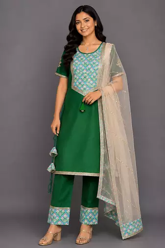 Green printed cotton silk kurta set