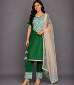 Green printed cotton silk kurta set