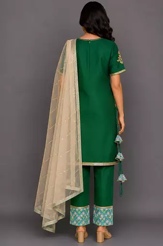 Green printed cotton silk kurta set