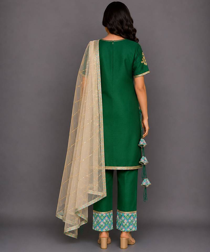 Green printed cotton silk kurta set