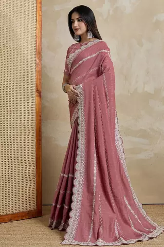 pink embroidered silk blend designer saree