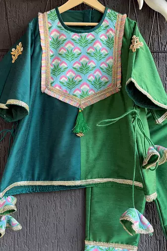 Green printed cotton silk kurta set