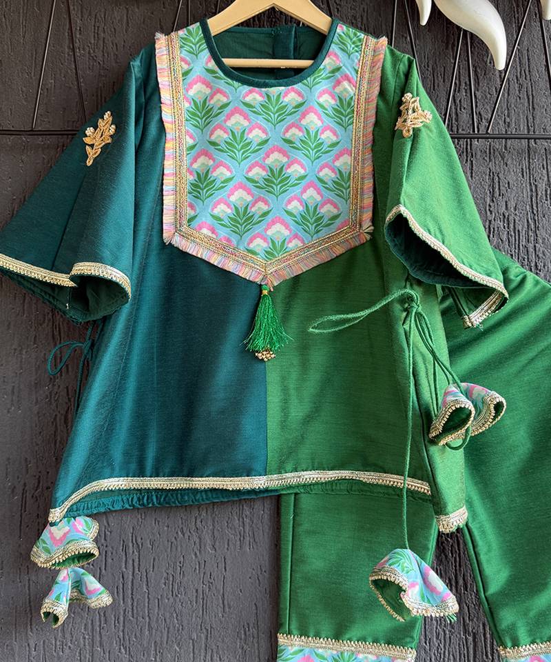 Green printed cotton silk kurta set