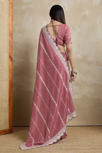pink embroidered silk blend designer saree