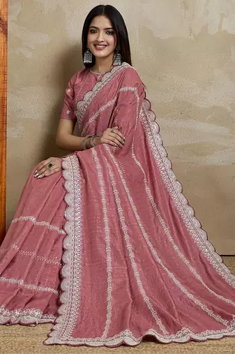 pink embroidered silk blend designer saree