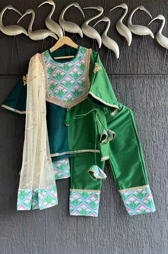 Green printed cotton silk kurta set
