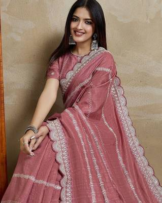 pink embroidered silk blend designer saree 5