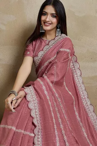 pink embroidered silk blend designer saree